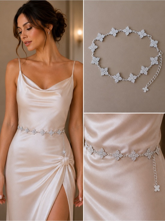 Accessories - Crystal Clover Link Waist Chain Belt - Silver